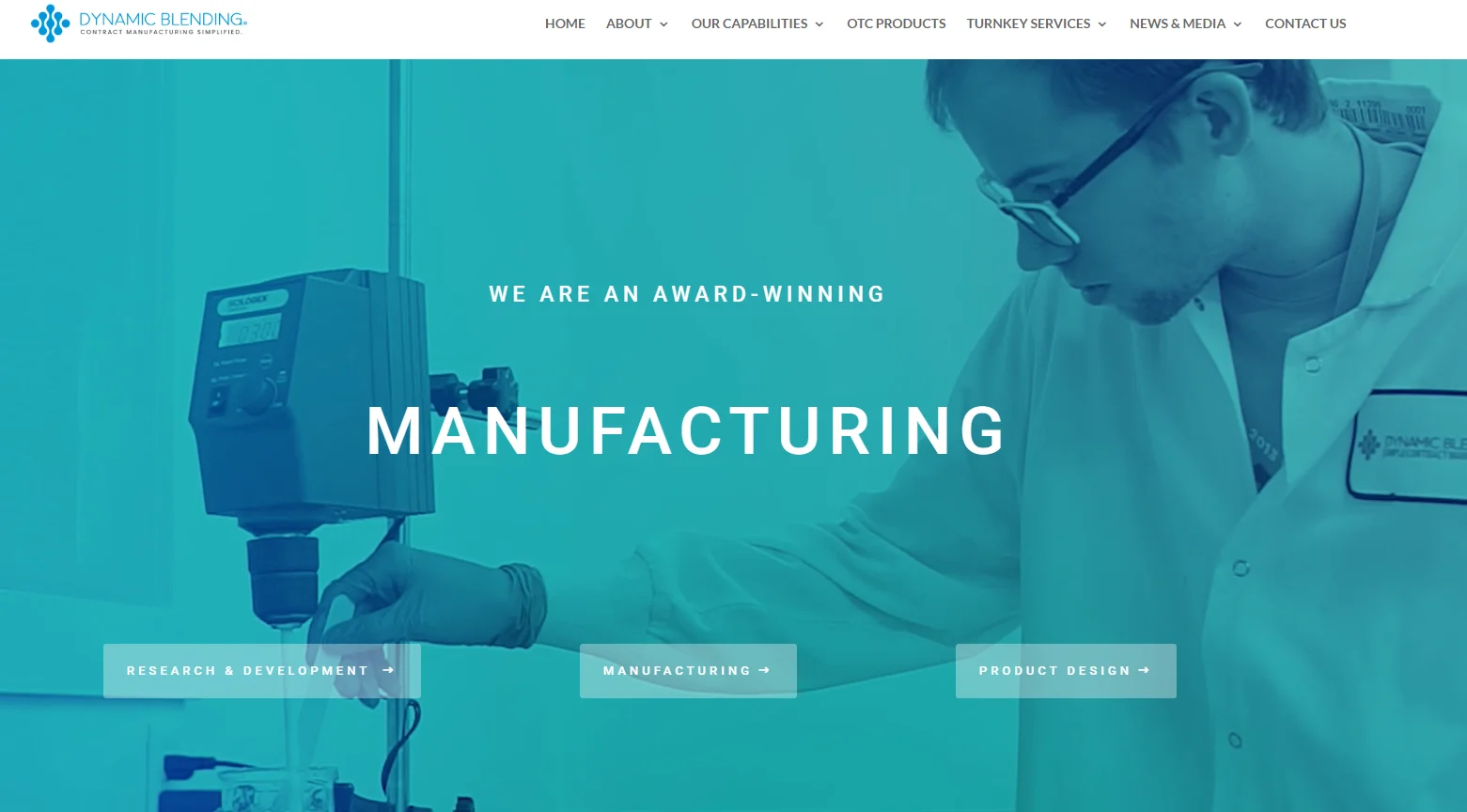 Person in lab coat operating industrial manufacturing equipment with Dynamic Blending branding on screen; text highlights award-winning manufacturing services.